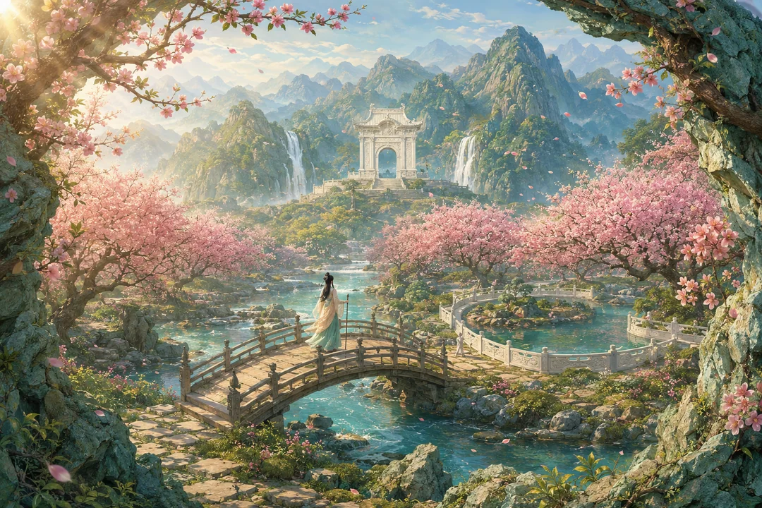 上古桃源仙园春日全景工笔画
