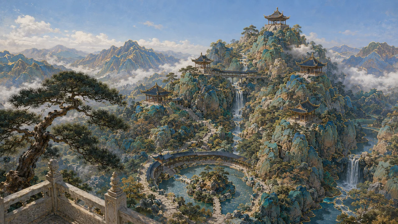 青绿山水间叠石造园的绝美俯瞰画卷