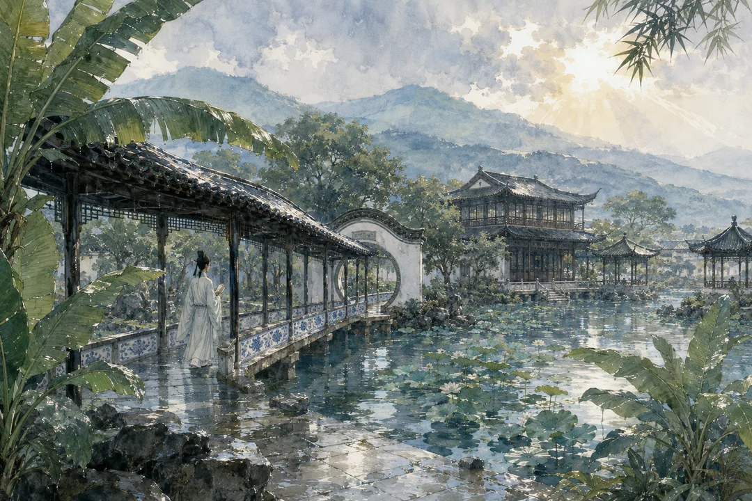 北宋江南园林雨后墨色书生全景图