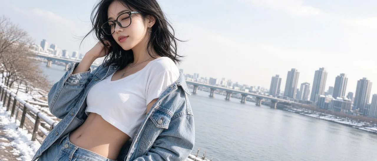 汉江雪景清纯日韩系眼镜美女写真