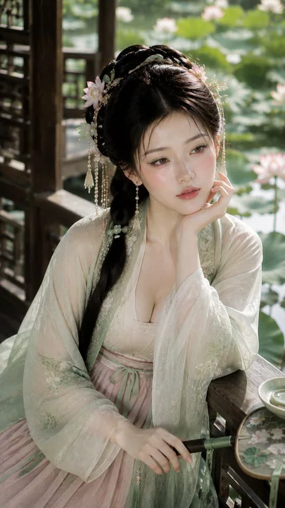 江南贵女夏日荷塘水榭清润美妆人像