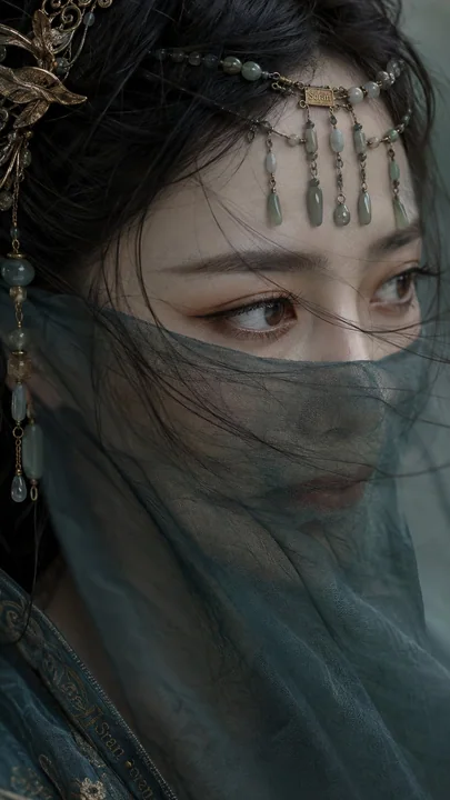 古风极近景半面遮纱东亚女性人像