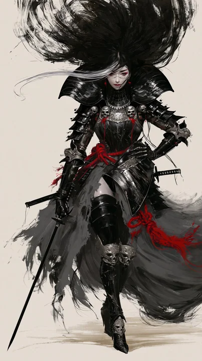 暗黑哥特东亚女战士水墨概念插画