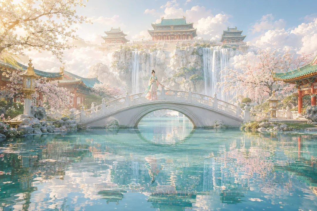 瑶池飞泉玉桥春云东方仙境大景