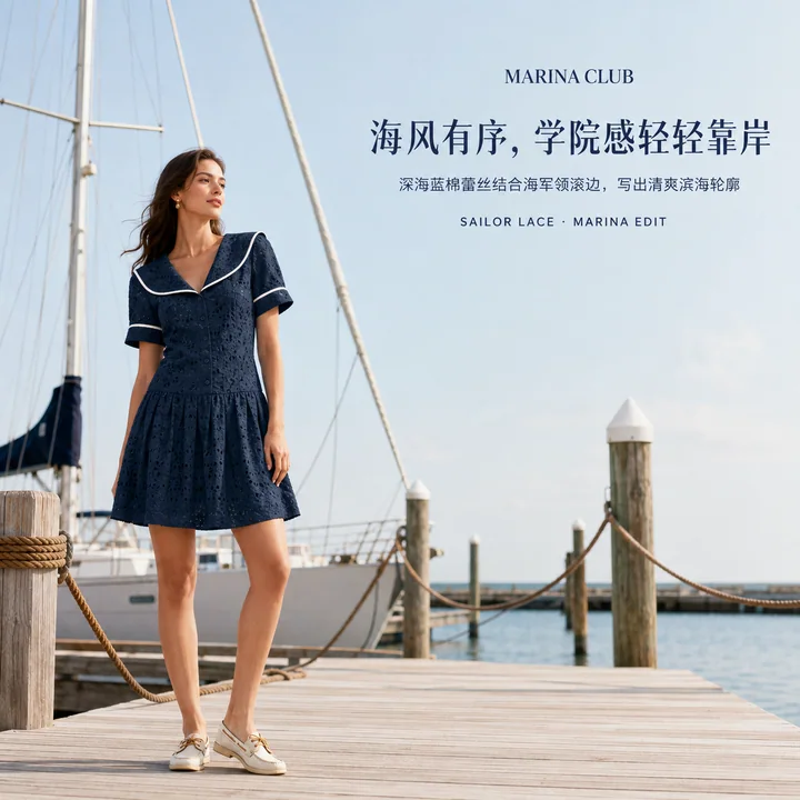 深海蓝海军领蕾丝裙:学院风码头大片