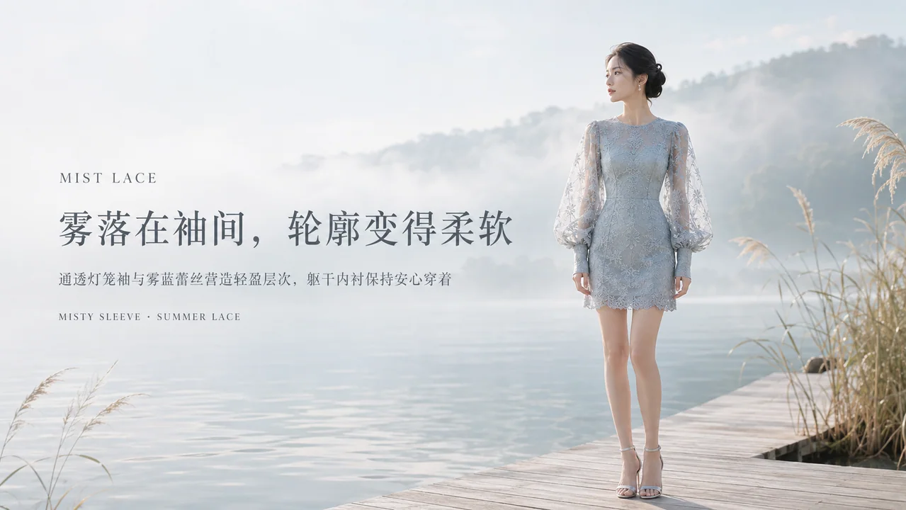 雾蓝湖畔蕾丝灯笼袖品牌官网大片