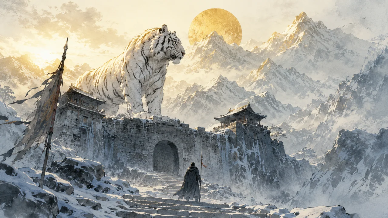 水墨写意白虎镇守雪山天关圣境