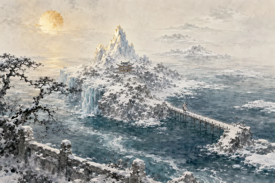 雪霁北海仙岛:水墨泼彩中的孤旅剑客