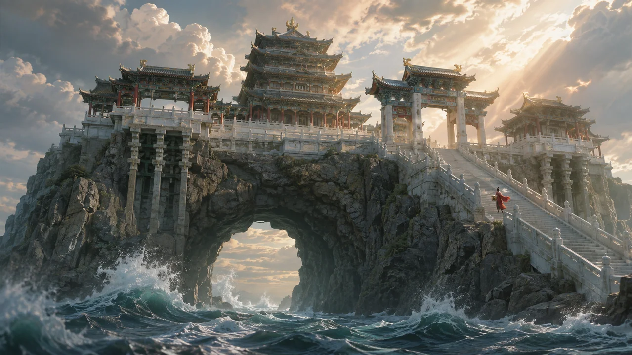 北宋界画风海蚀巨门仙岛宫城