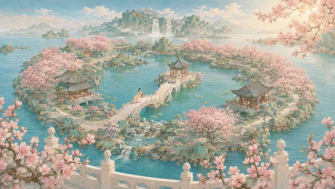 工笔重彩宋韵海上桃源仙岛全景图