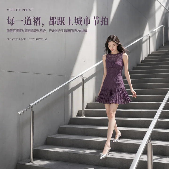 葡萄紫蕾丝百褶裙城市律动品牌视觉