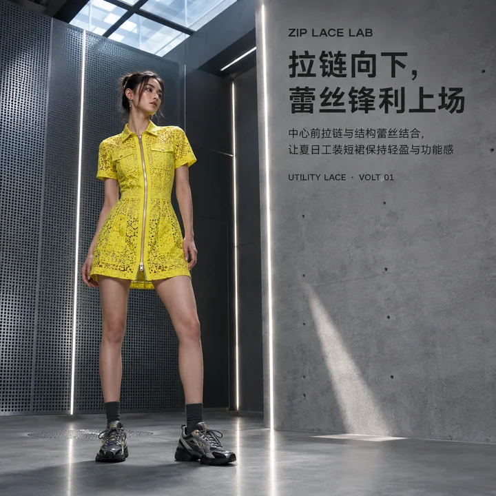 电光黄机能蕾丝短裙工业展厅视觉大片