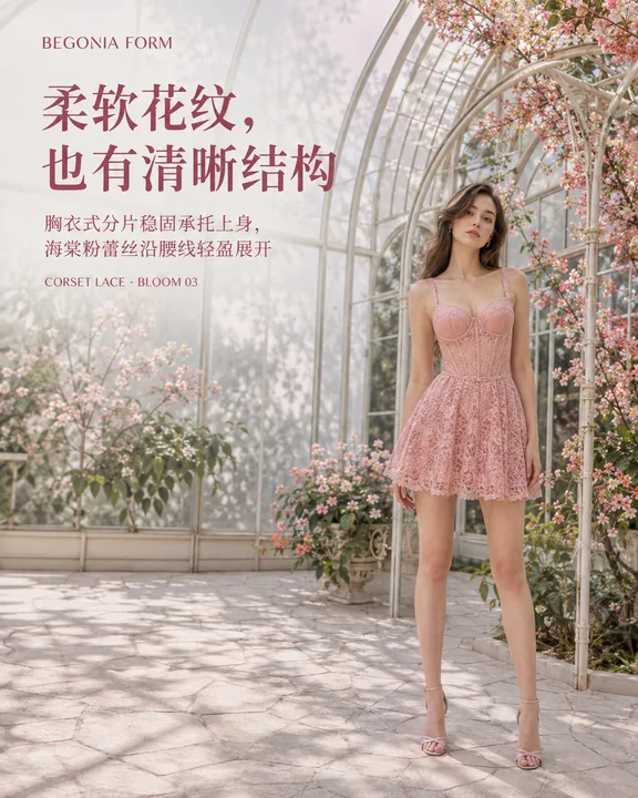 海棠粉蕾丝束腰裙品牌视觉大片