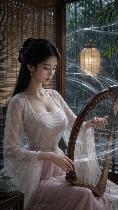 雨竹轩中弄箜篌，唐风仙侠少女清雅如诗