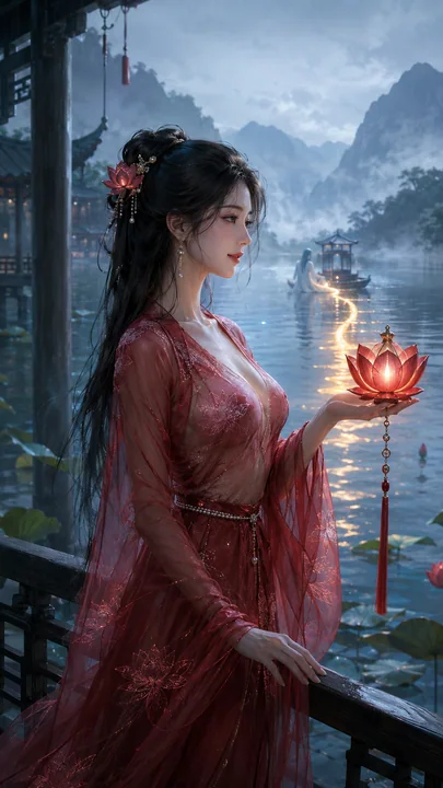 赤莲湖畔的温柔引渡：唐风仙侠少女写真