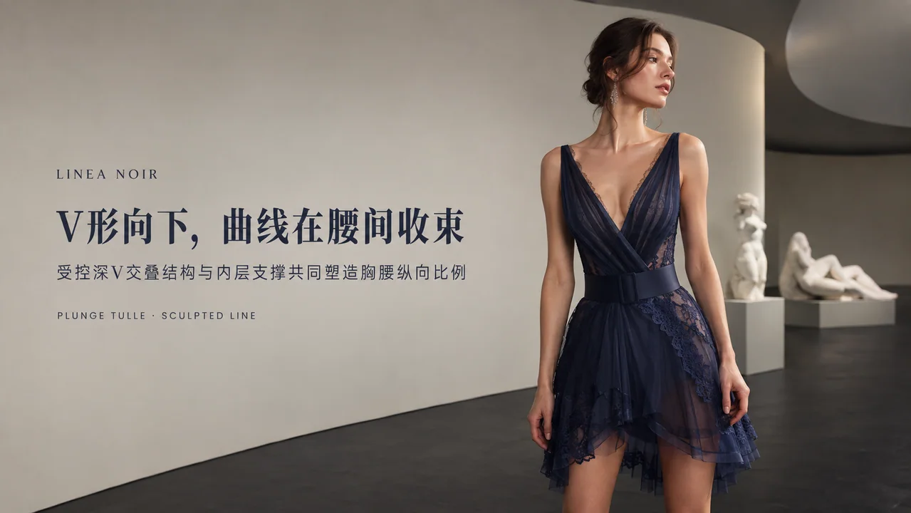 墨蓝深V薄纱裙美术馆品牌视觉大片