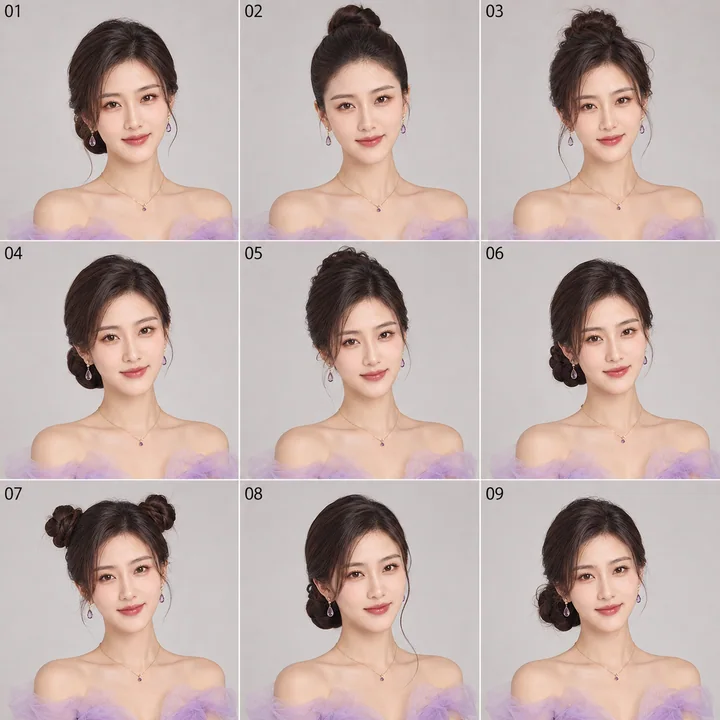 九宫格女性发型妆容对比图
