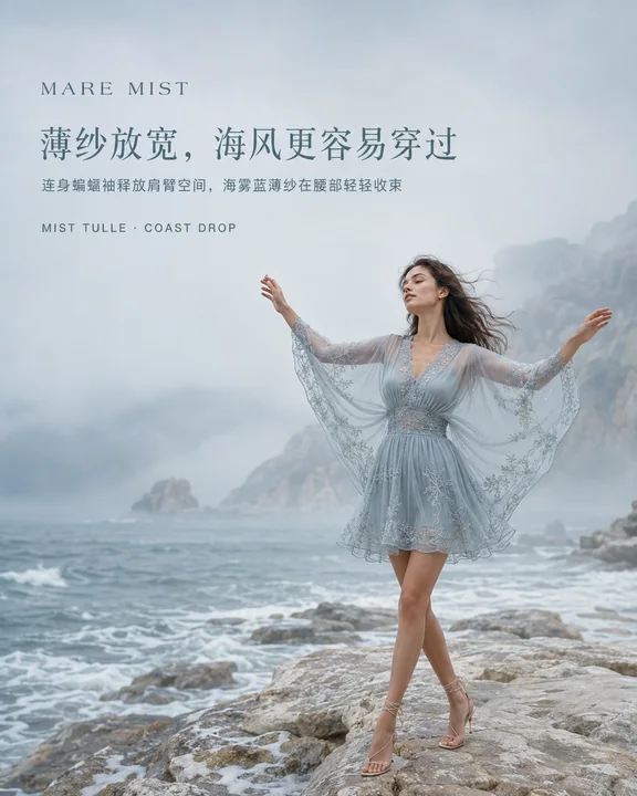 海雾蓝薄纱蝙蝠袖短裙社媒封面大片
