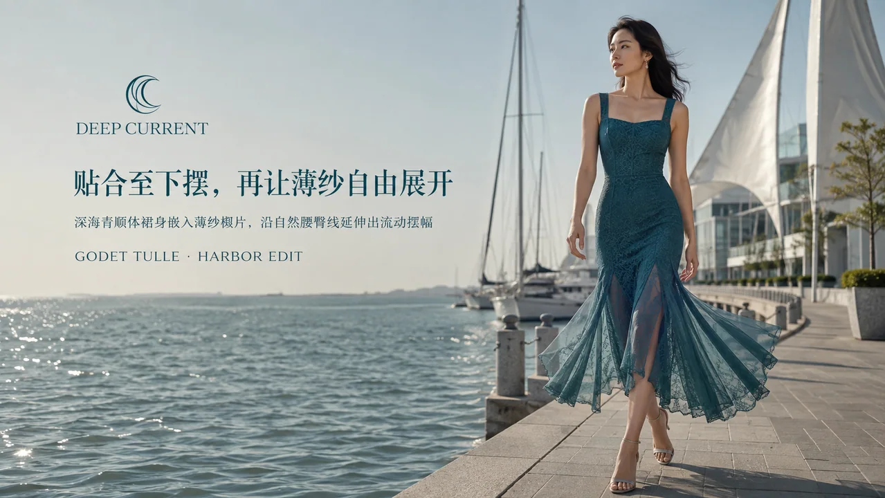 深海青薄纱蕾丝裙海港品牌视觉大片