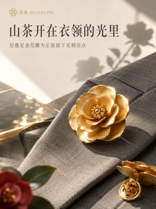 山茶流光足金领针品牌视觉海报