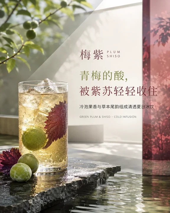 盛夏庭院中的青梅紫苏冷泡高级感品牌海报