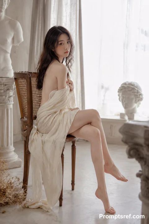 窗边木椅上的忧郁少女全身环境人像