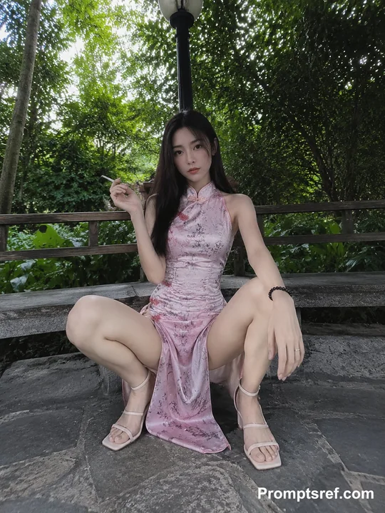 庭院凉亭中的粉色旗袍少女手机摄影
