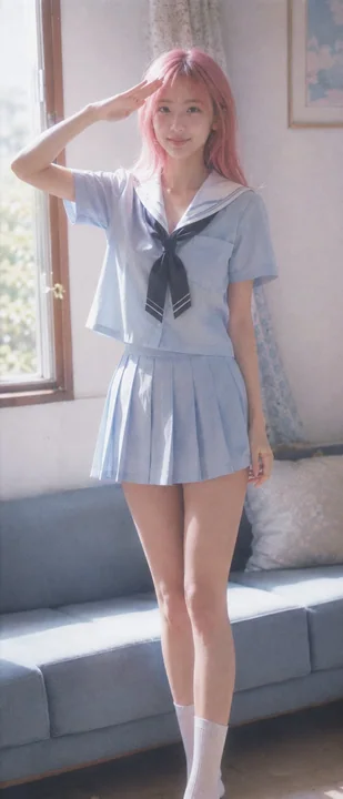 昭和复古CCD风格粉发水手服少女敬礼