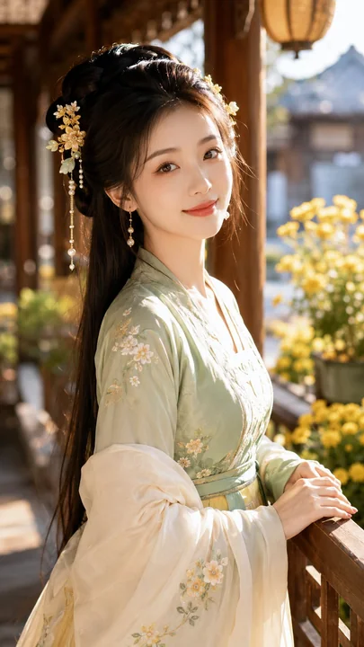 古风贵女明亮美妆写真晨光庭院
