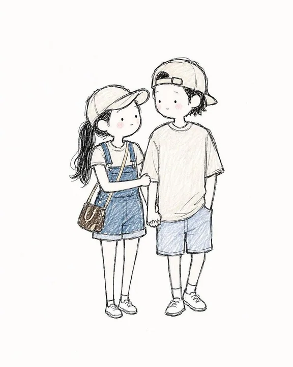 治愈系手绘彩铅风格情侣插画