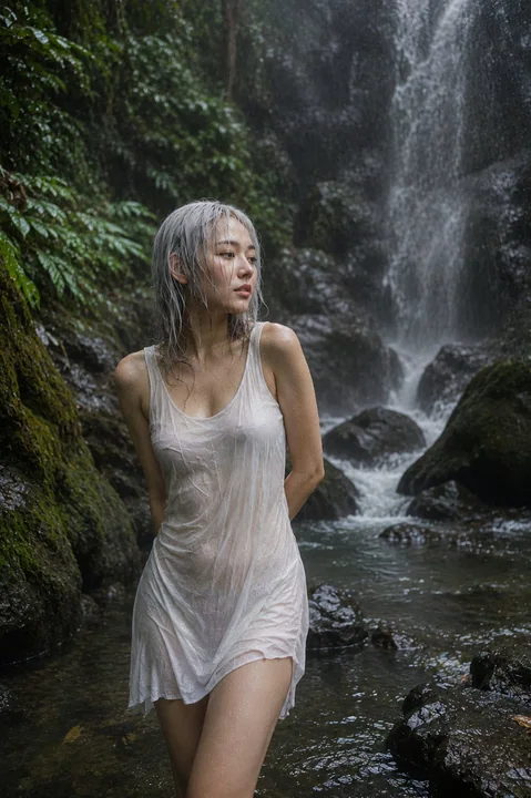 幽静森林瀑布下的银发韩国女性写实人像