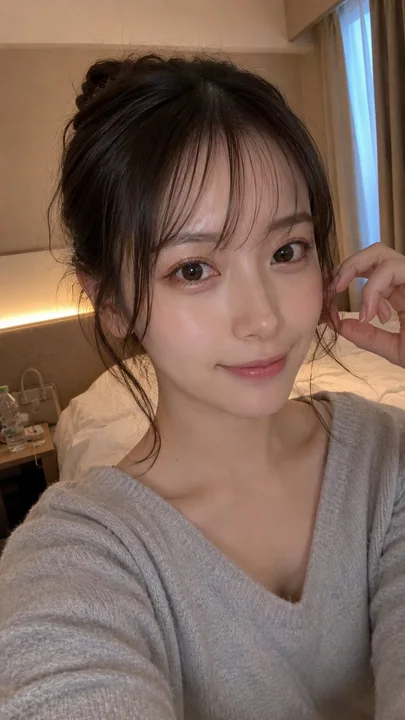 日系女性酒店床边近距离自拍特写