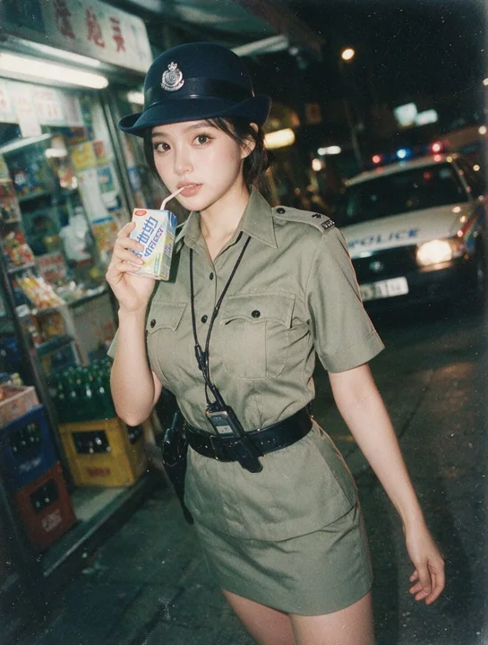 90年代香港皇家女警夜间持枪街头快照