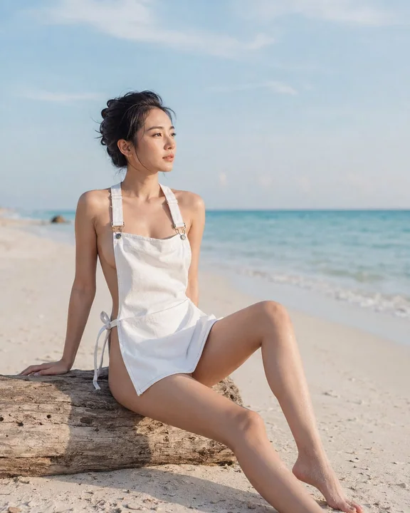 海边漂流木上的白色牛仔围裙中国女性