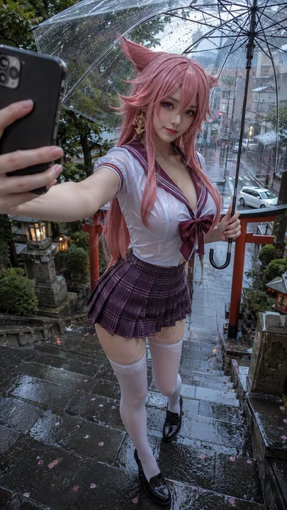 雨中神社参道八重神子手机自拍