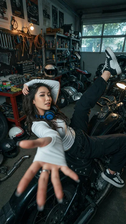 摩托车库里的东亚女性电影感特写