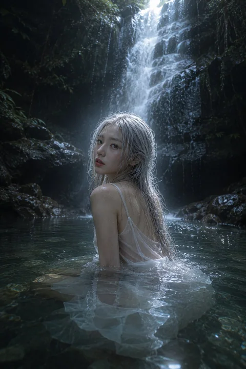 森林瀑布银发韩国女性人像摄影