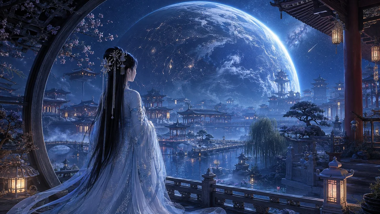 宇宙边缘东方天宫古城夜景