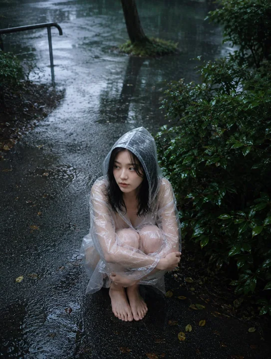 雨中灌木旁透明雨衣不安少女