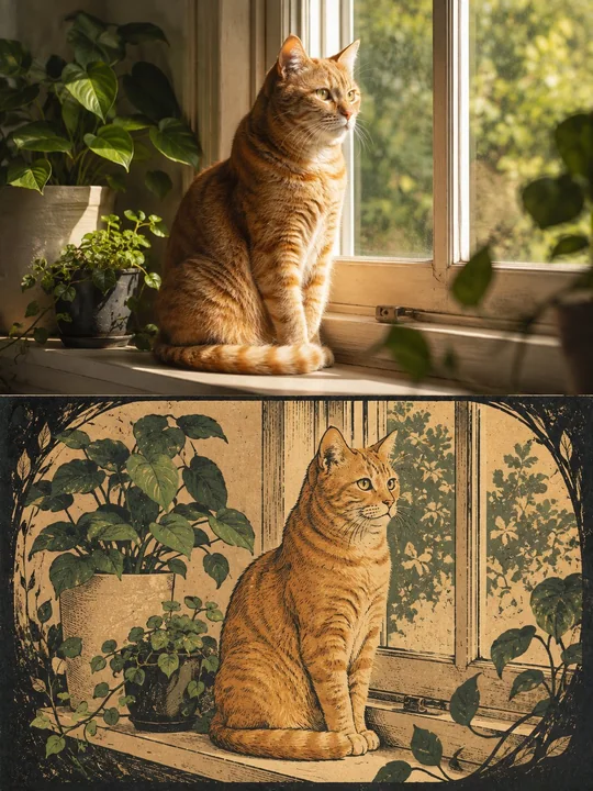 真人照片转东方复古木刻版画插画提示词