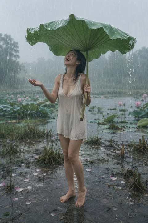 雨中撑荷叶的日本女性电影感写实摄影