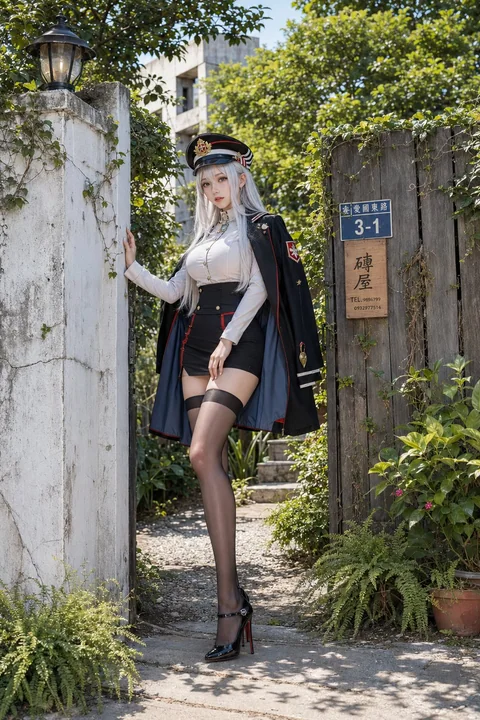 银发军装风东亚少女园林全身人像