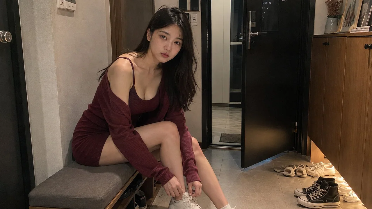 iPhone随手拍夜归年轻东方女性换鞋