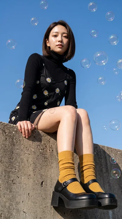 气泡中坐在岩石上的女性写实摄影肖像
