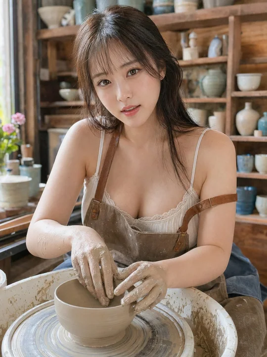 陶艺工作室里的东亚女性写实肖像