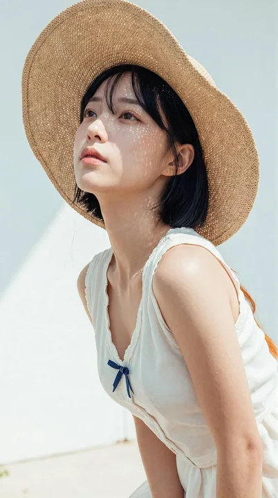 户外强光草帽女性特写人像摄影