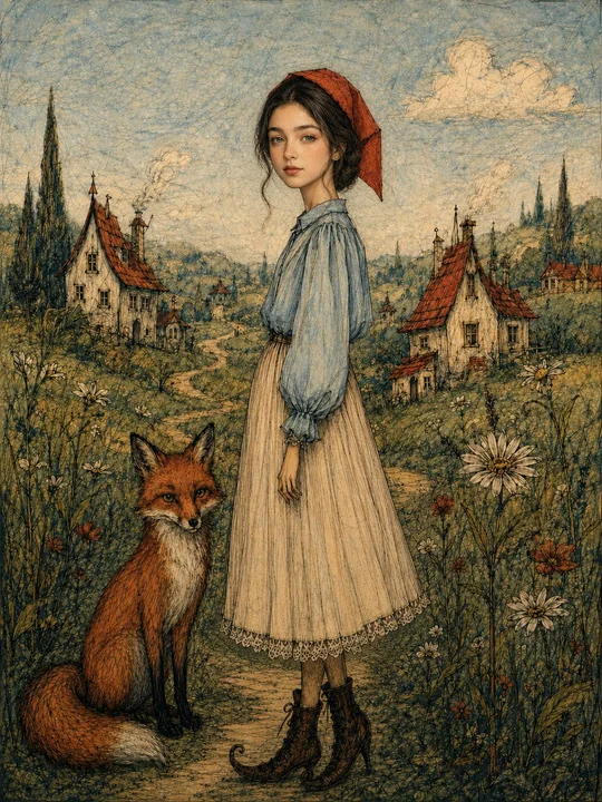 复古绘本风白桦林少女插画
