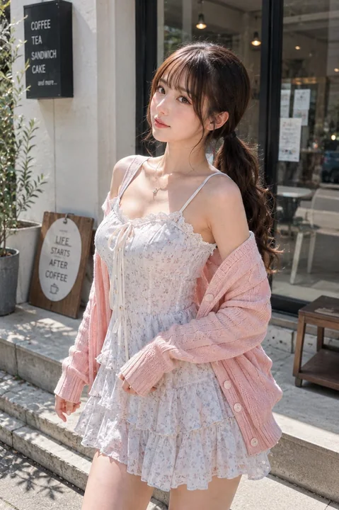 咖啡馆前碎花裙日本女性街拍写真