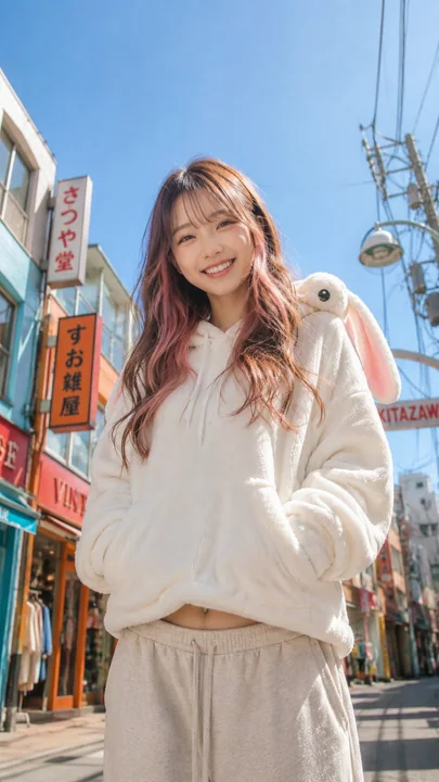 下北泽街头兔耳连帽衫少女半身像