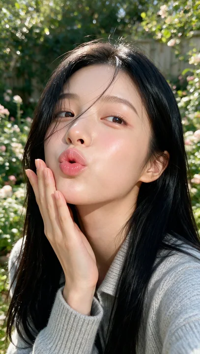 阳光下亲吻表情的东亚女性特写肖像